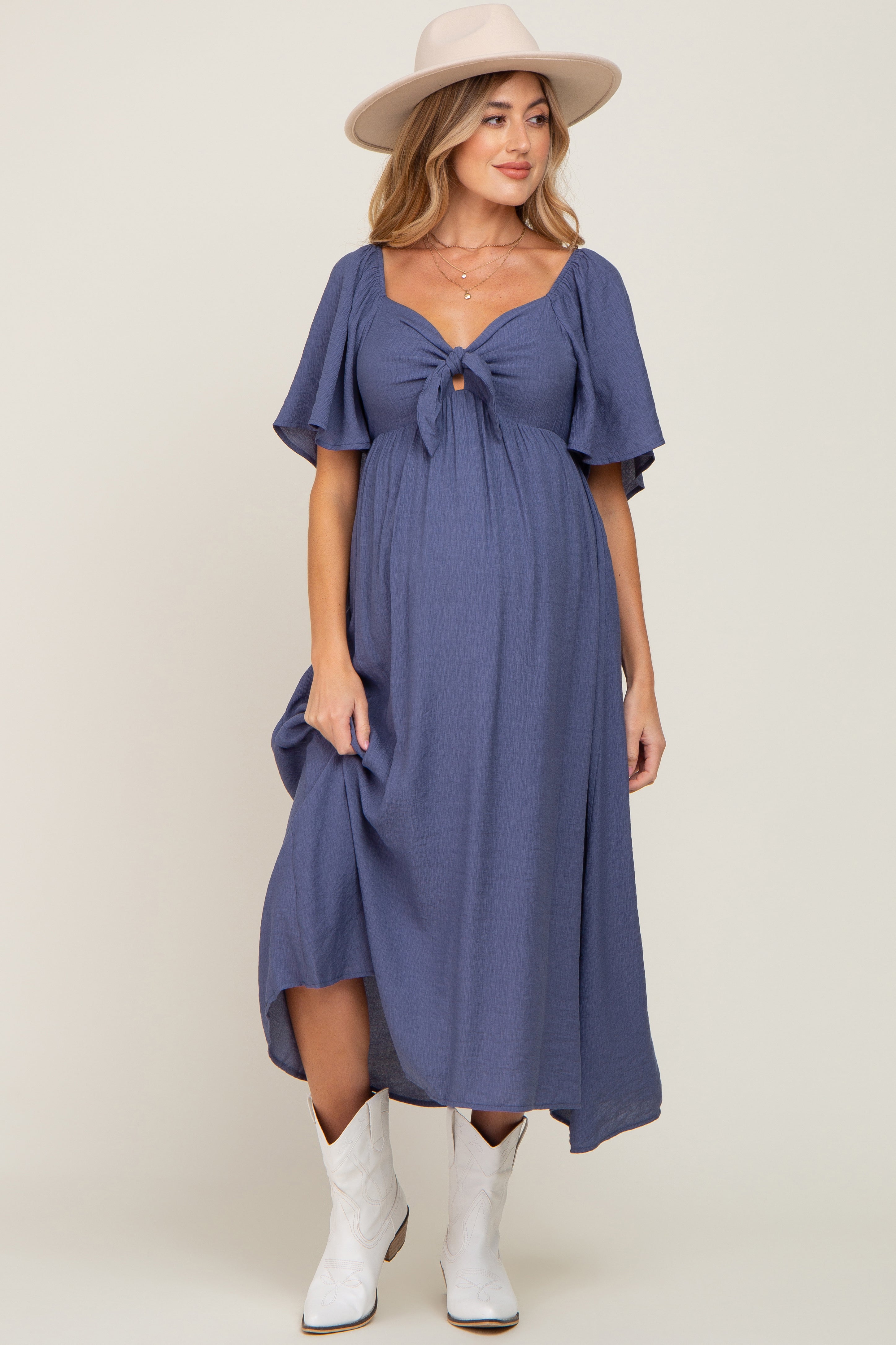 Navy Front Tie Ruffle Sleeve Maternity Midi Dress PinkBlush