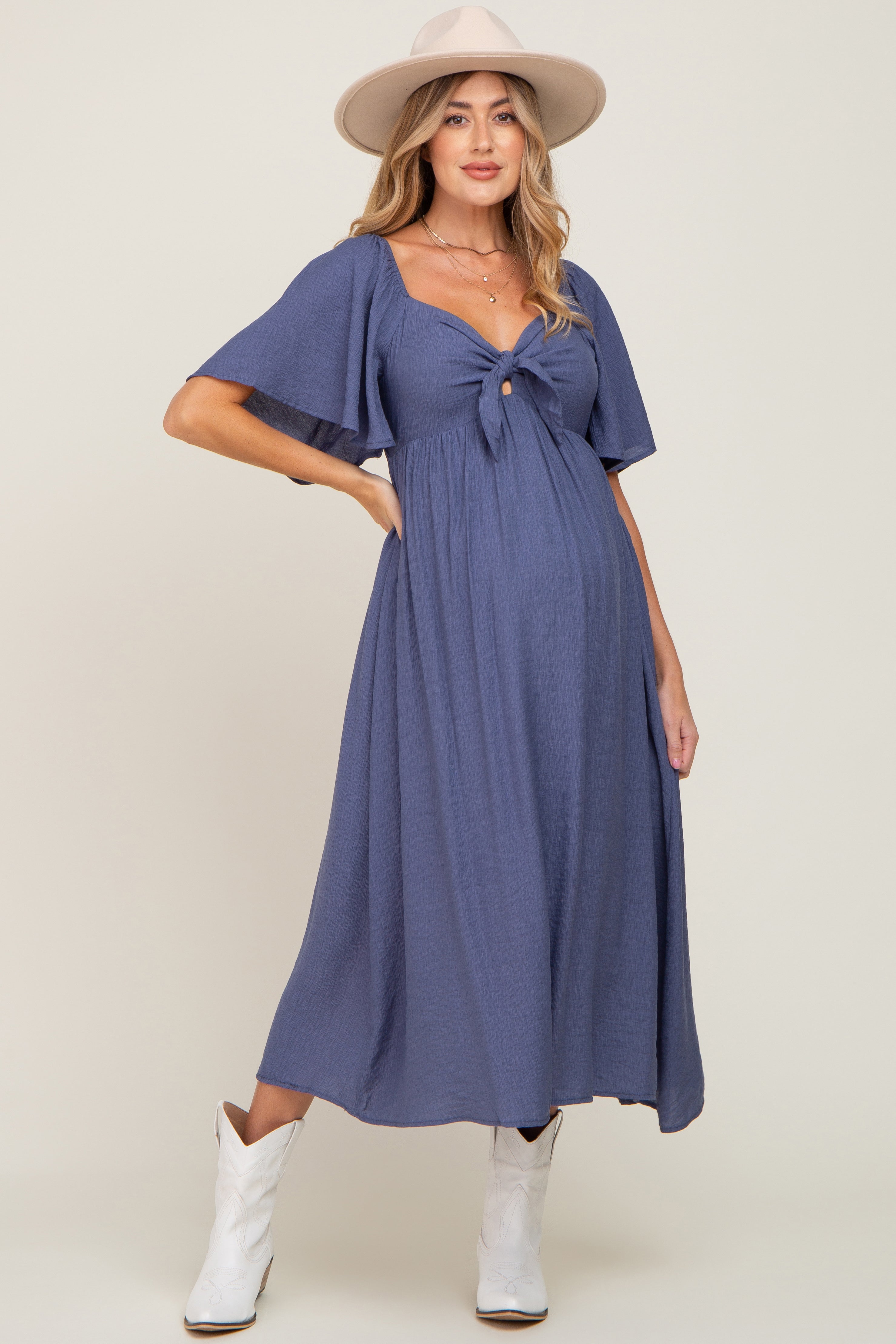 Navy Front Tie Ruffle Sleeve Maternity Midi Dress PinkBlush