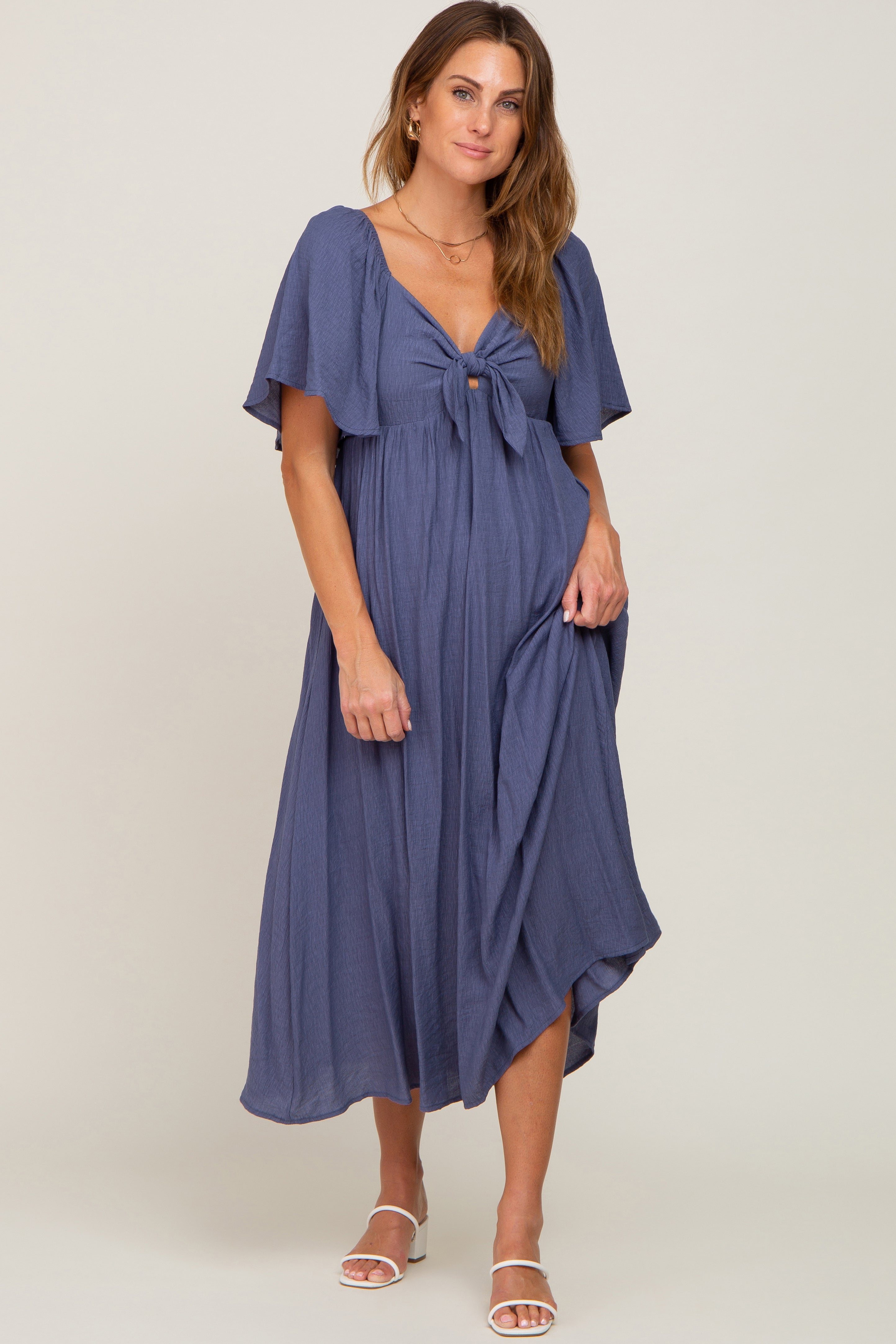 Navy Front Tie Ruffle Sleeve Maternity Midi Dress PinkBlush