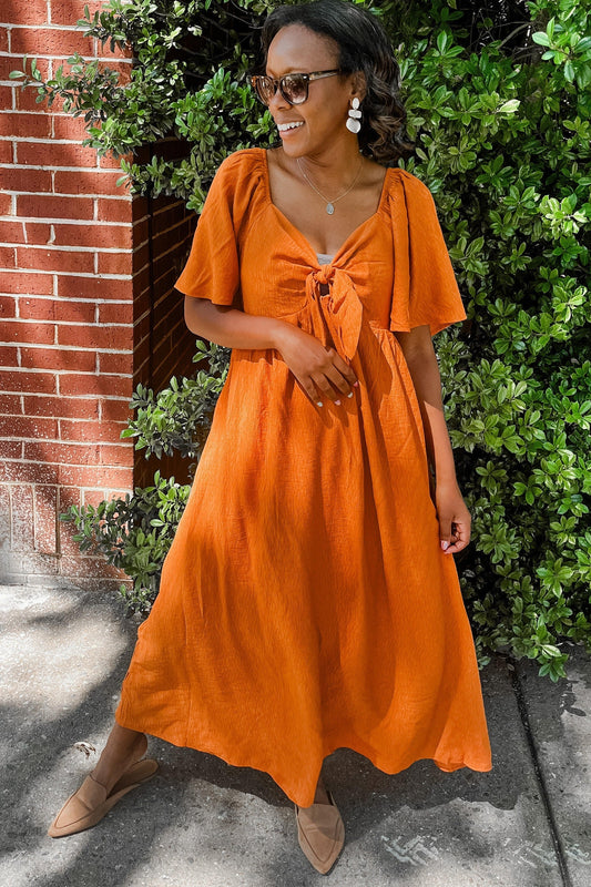 Rust Front Tie Ruffle Sleeve Midi Dress PinkBlush