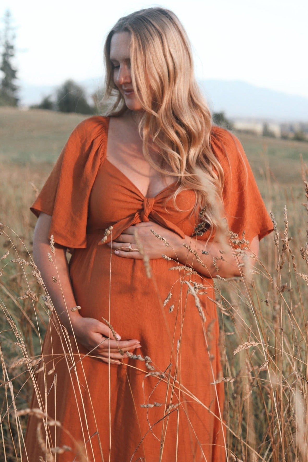 Rust Front Tie Ruffle Sleeve Maternity Midi Dress PinkBlush