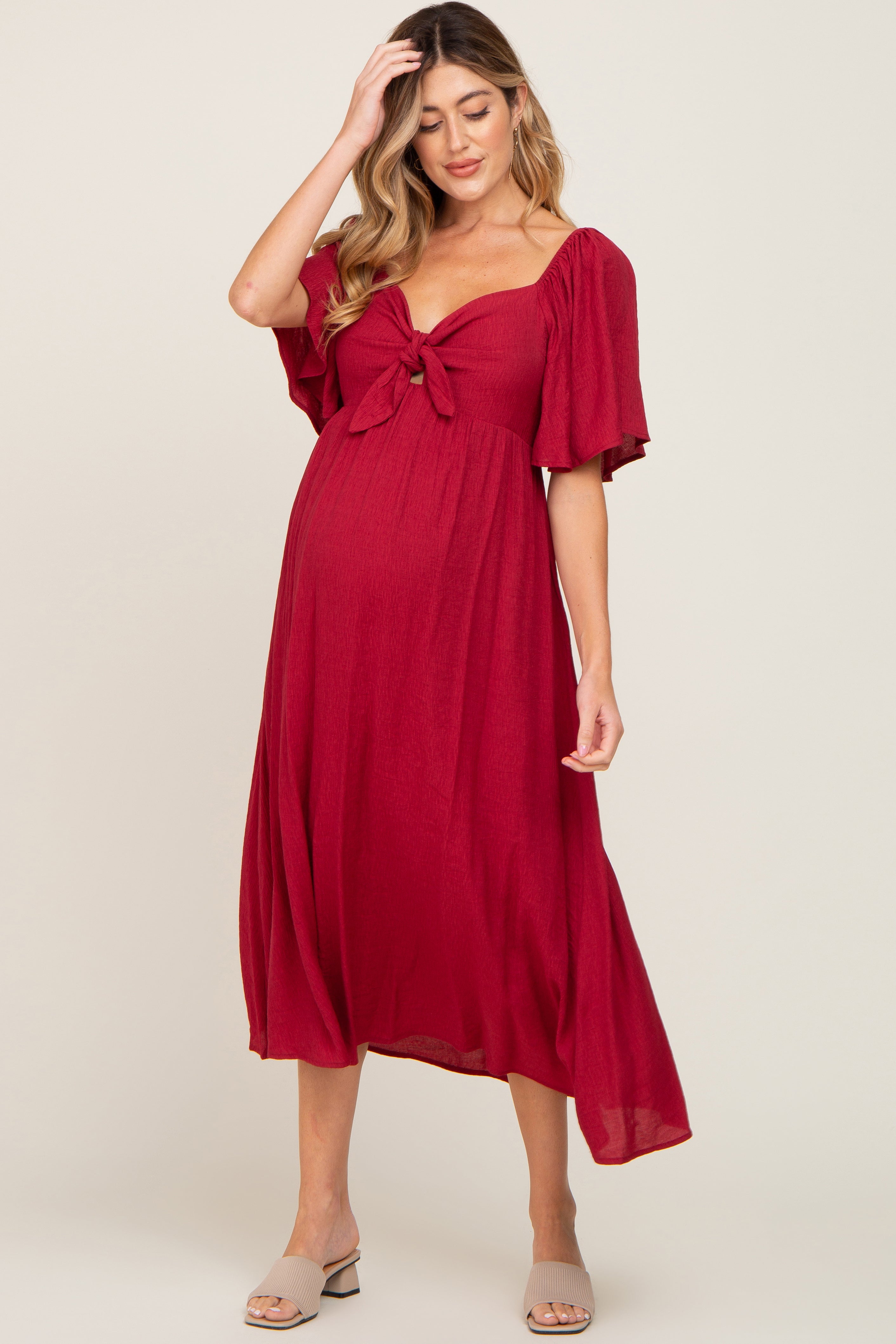 Burgundy Front Tie Ruffle Sleeve Maternity Midi Dress PinkBlush