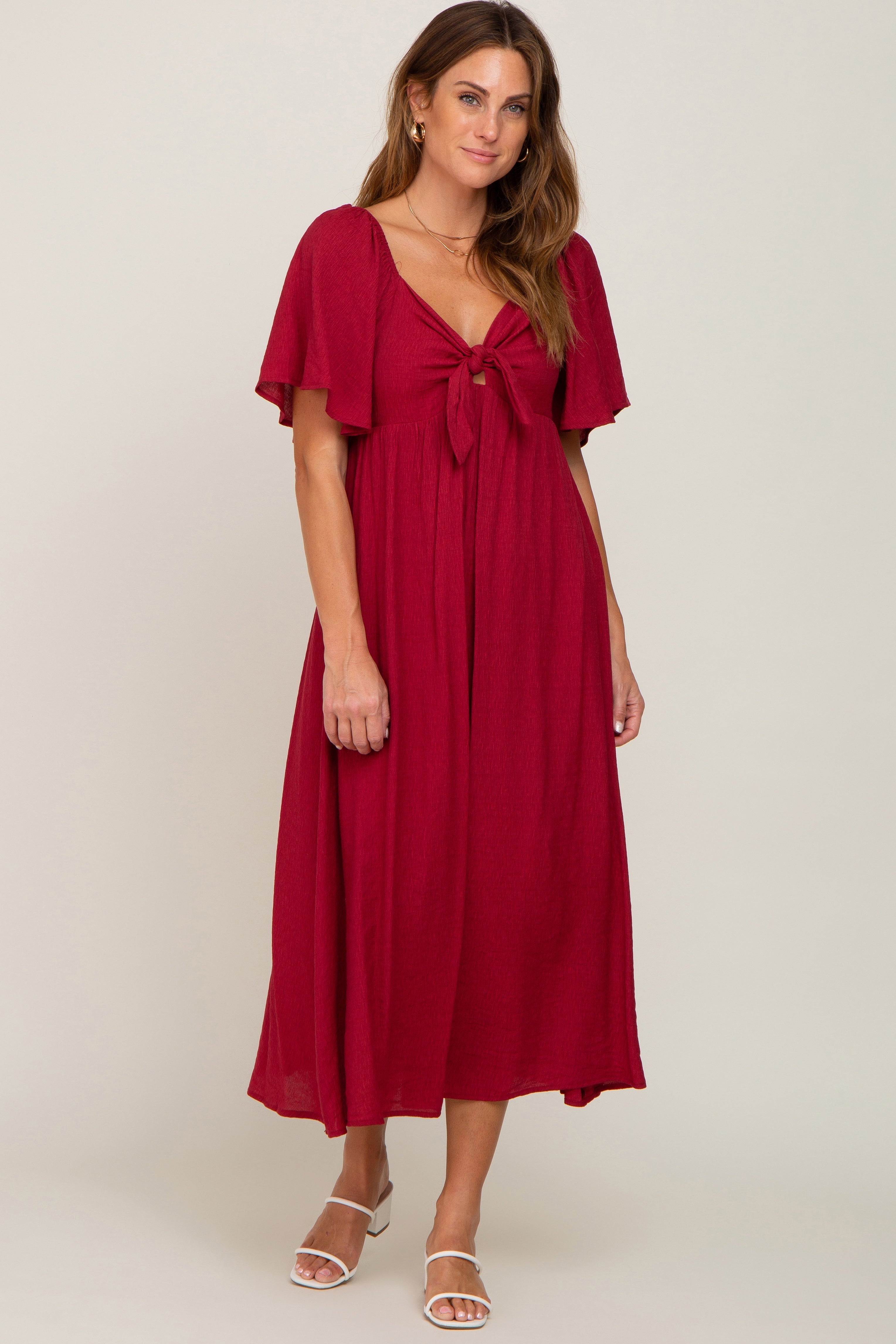 Burgundy Front Tie Ruffle Sleeve Maternity Midi Dress PinkBlush
