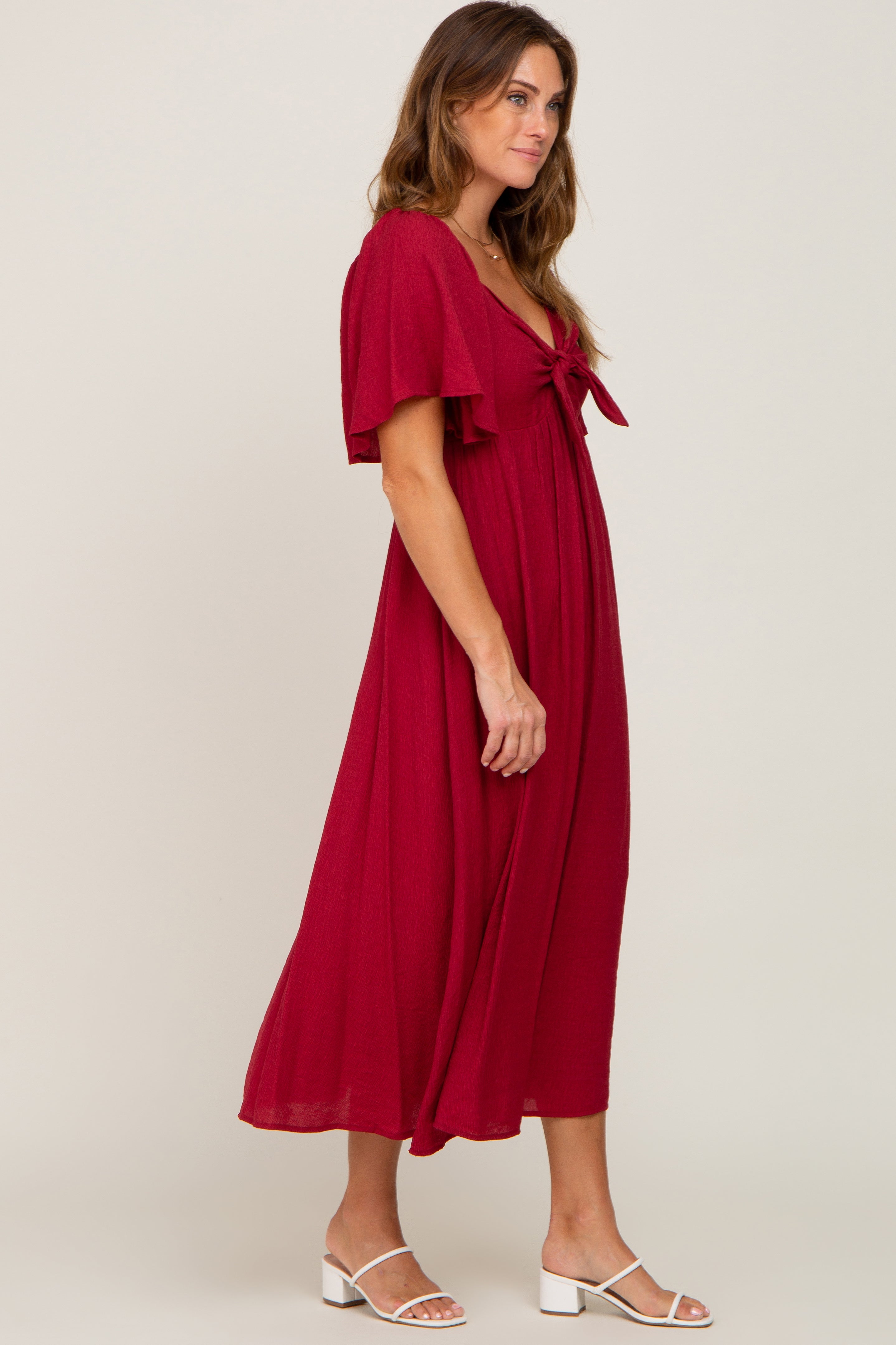 Burgundy Front Tie Ruffle Sleeve Midi Dress PinkBlush