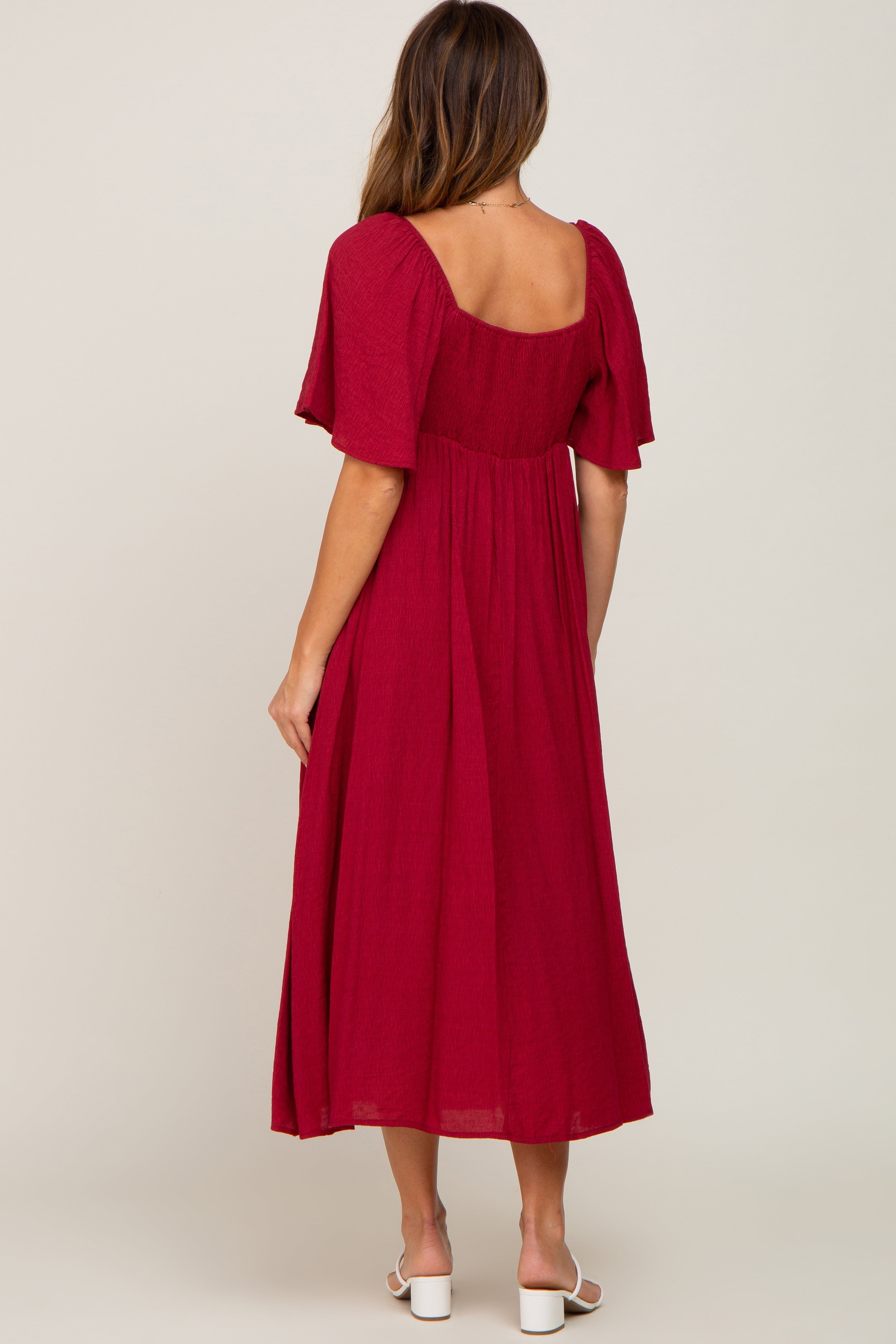 Burgundy Front Tie Ruffle Sleeve Midi Dress PinkBlush