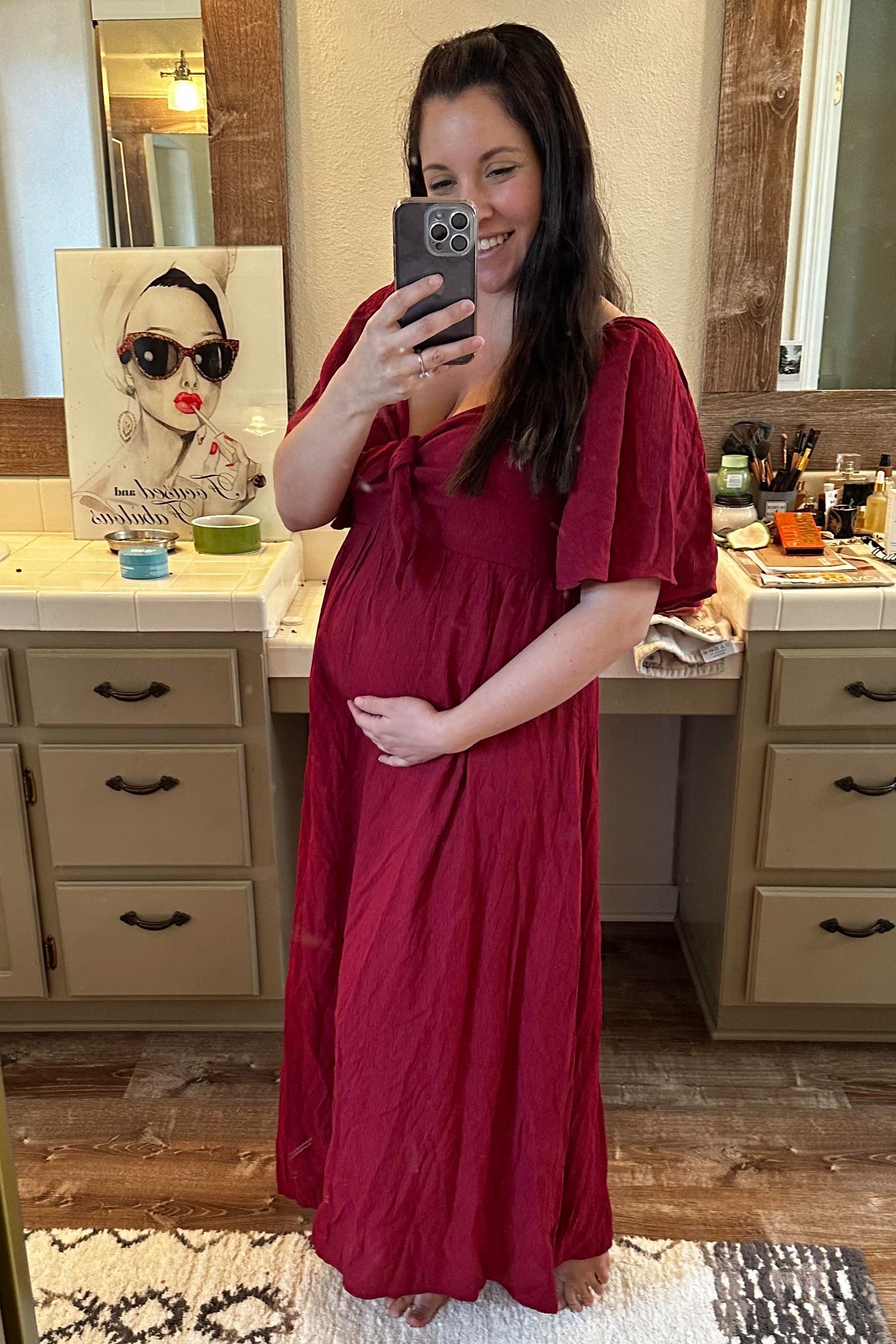Burgundy Front Tie Ruffle Sleeve Maternity Midi Dress PinkBlush