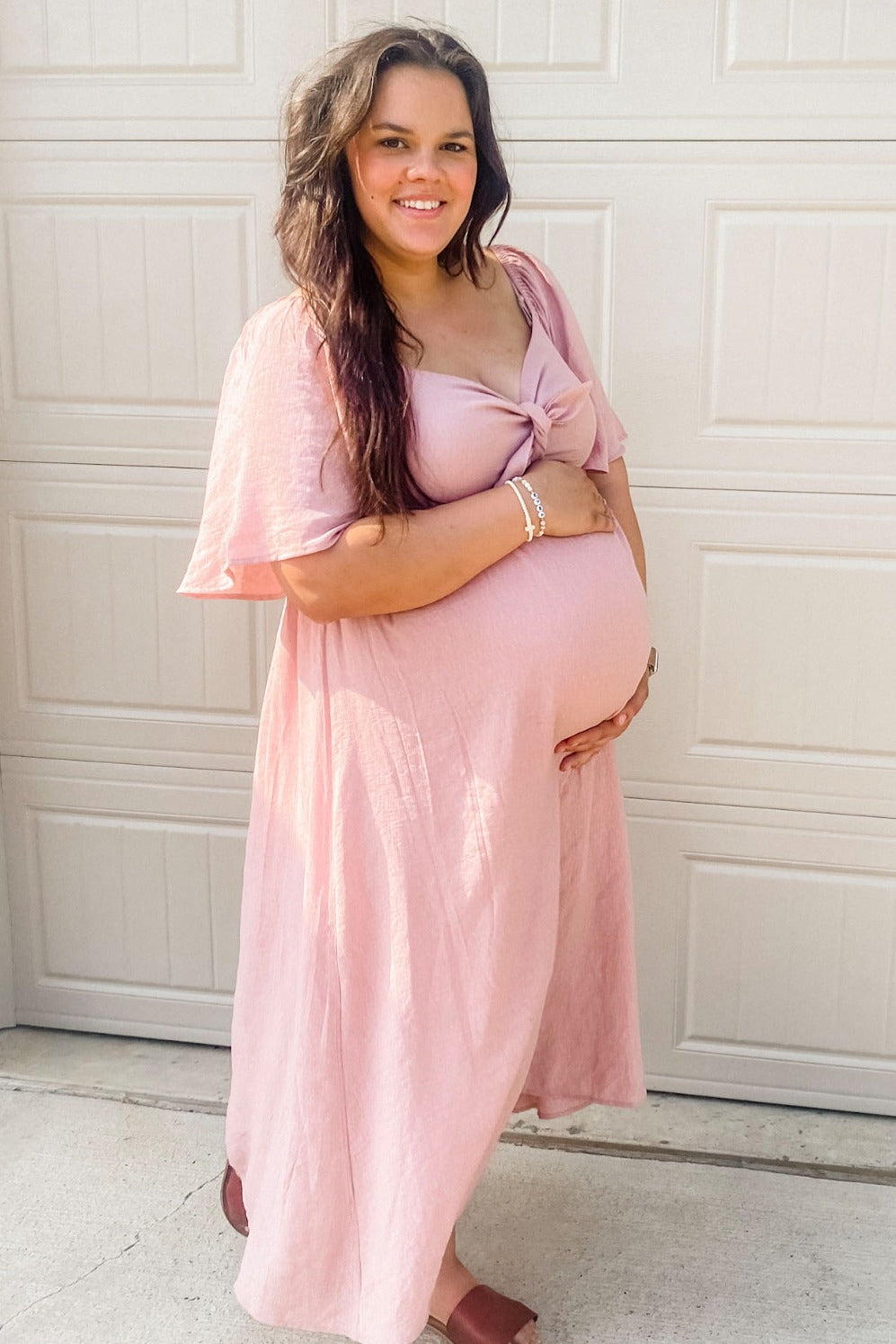 PinkBlush Mauve Maternity Midi Dress, full length view on a model, perfect for sophisticated pregnancy wear.