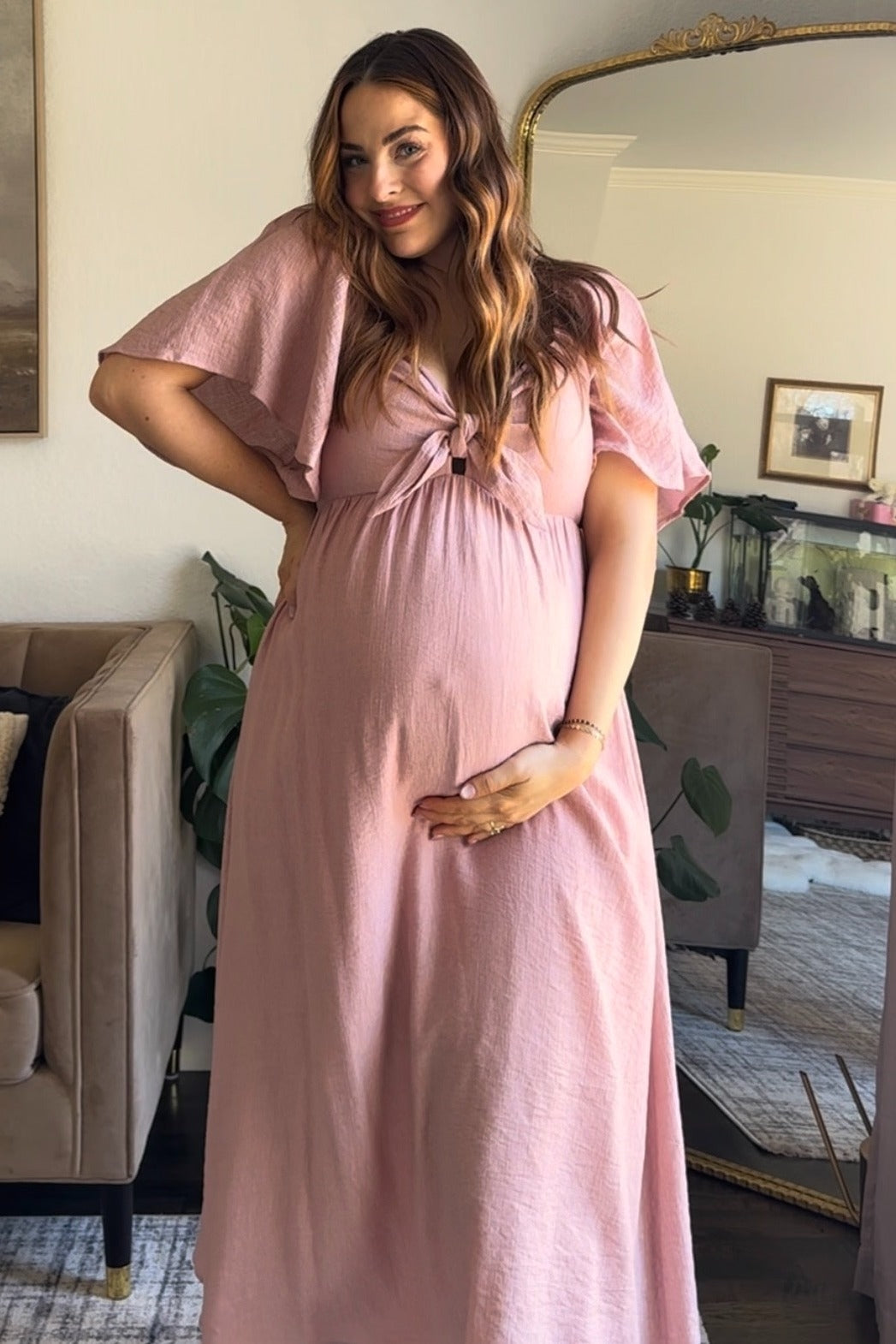 PinkBlush Mauve Ruffle Sleeve Maternity Midi Dress, detail of the elegant sleeve and neckline for comfort.