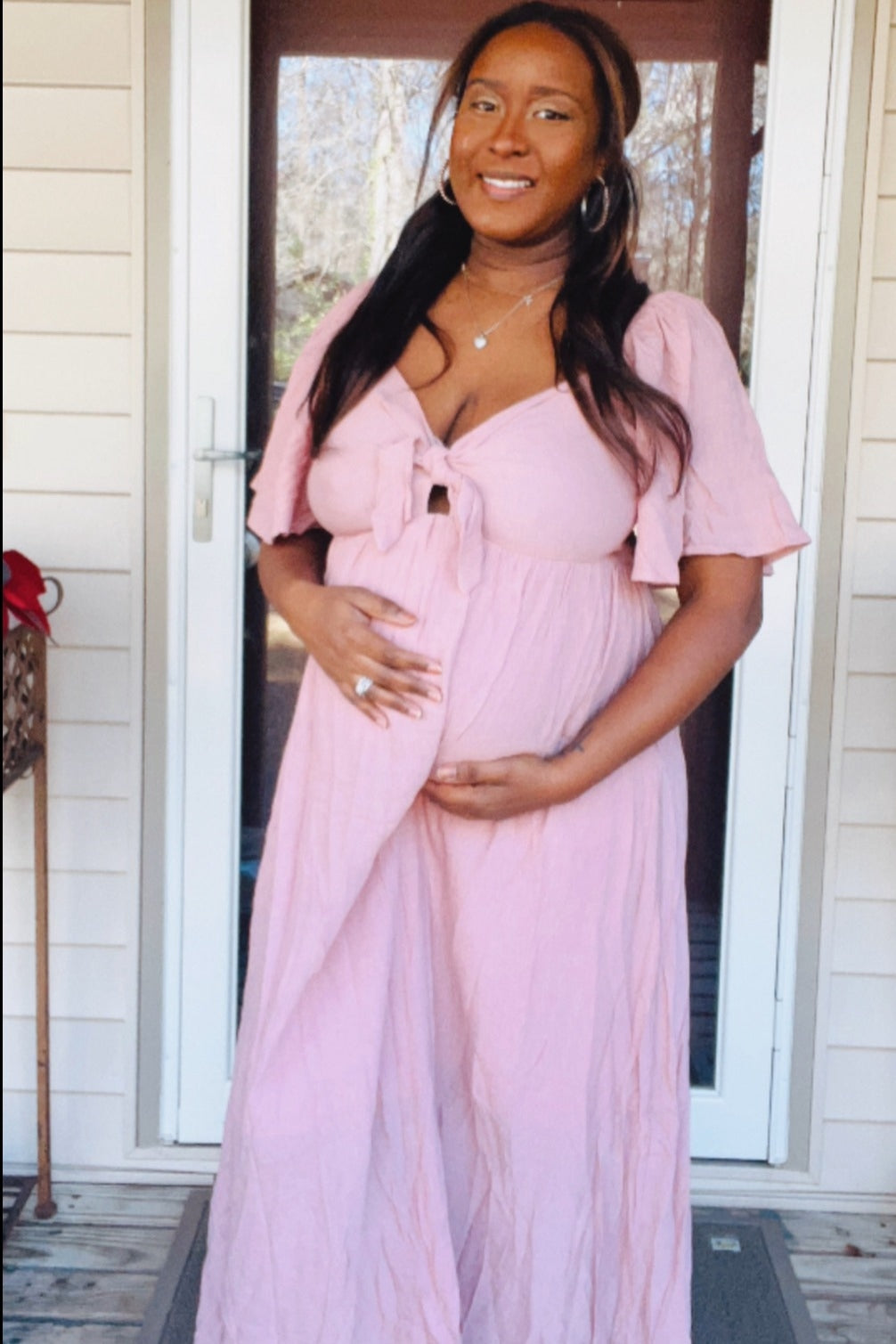 PinkBlush Mauve Front Tie Ruffle Sleeve Maternity Midi Dress, a detailed look at the fabric texture and quality.