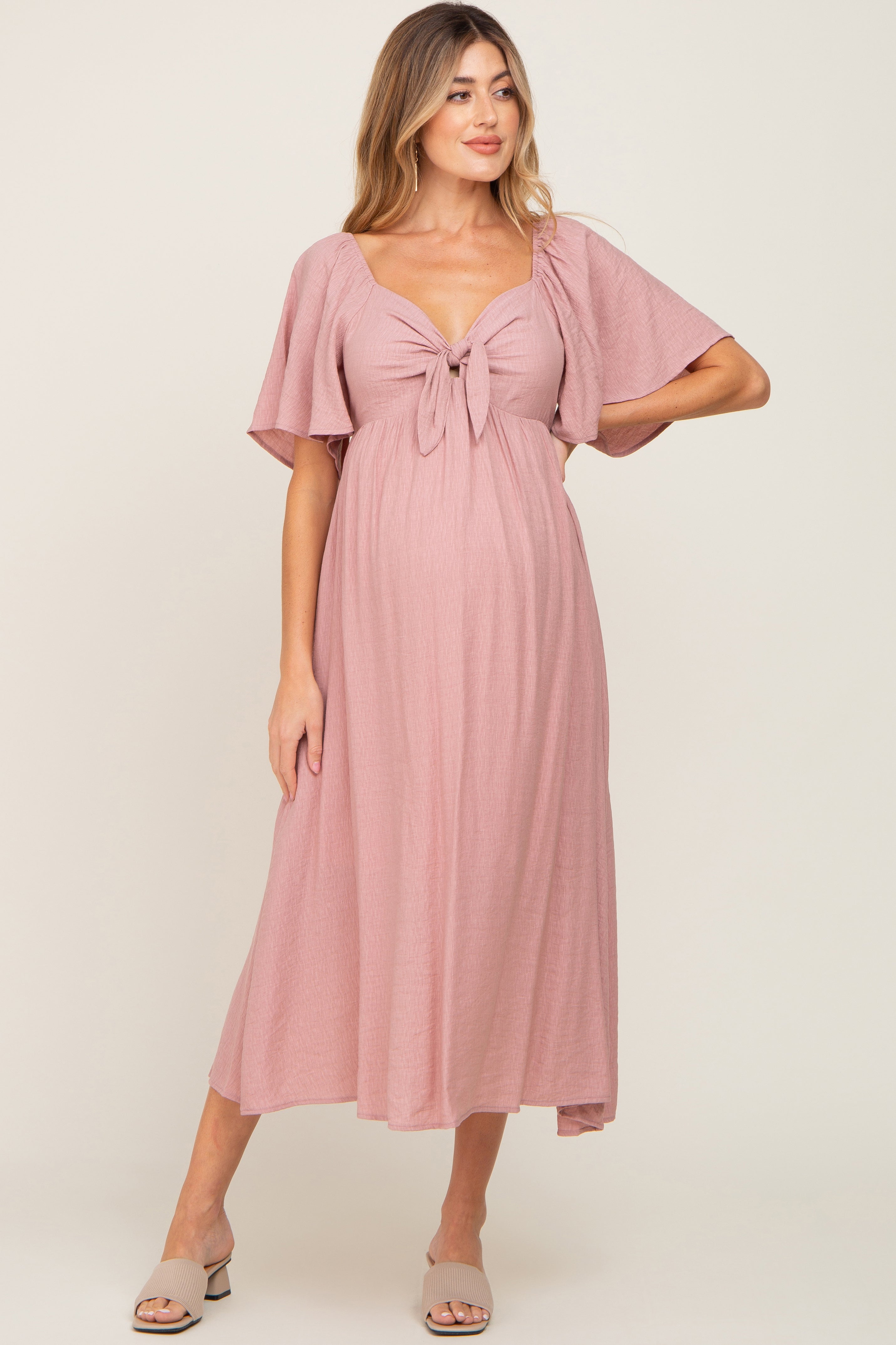PinkBlush Mauve Front Tie Ruffle Sleeve Maternity Midi Dress, an elegant choice for pregnancy fashion.