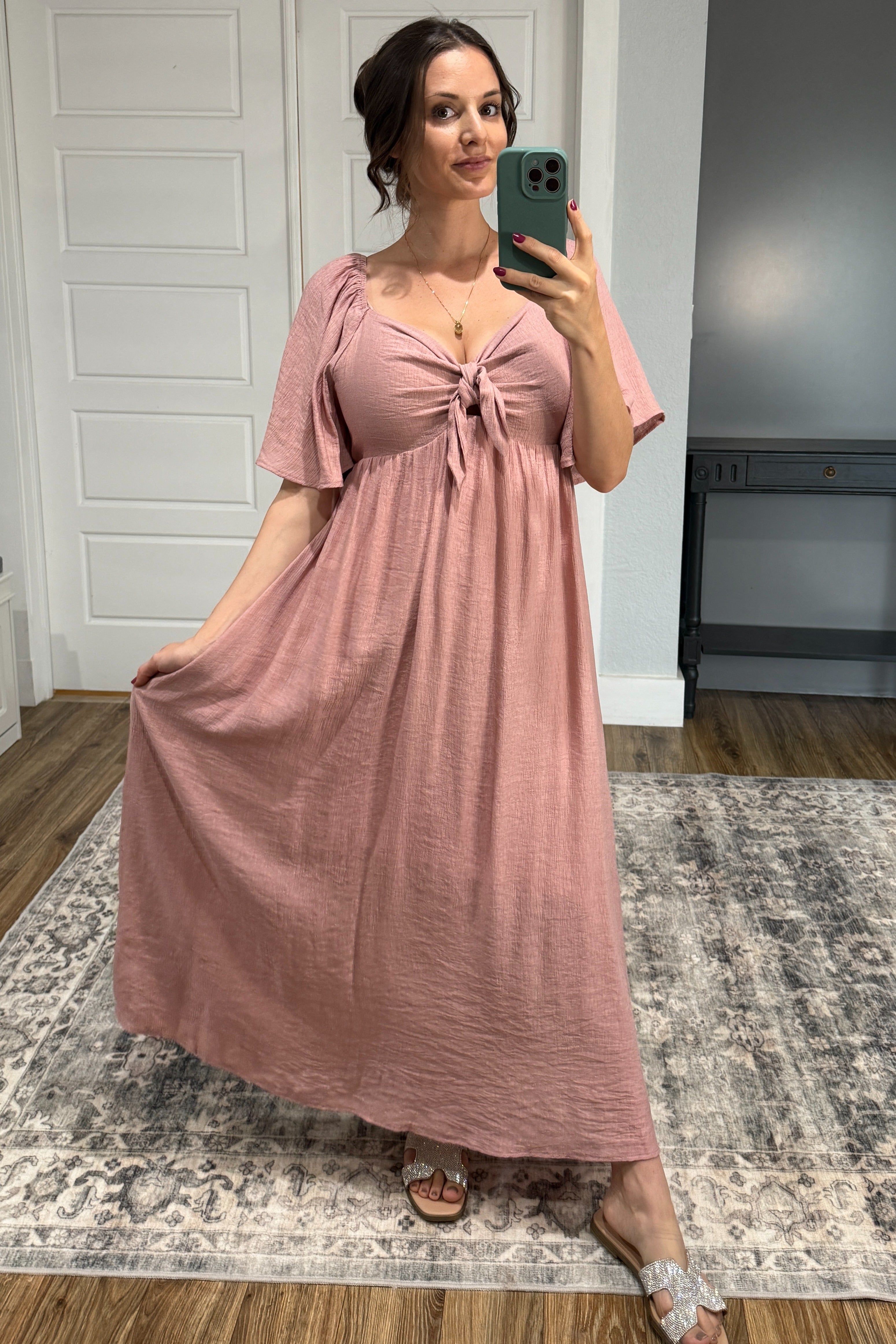 PinkBlush Mauve Maternity Midi Dress, back view revealing the comfortable fit and flowing fabric for expecting mothers.