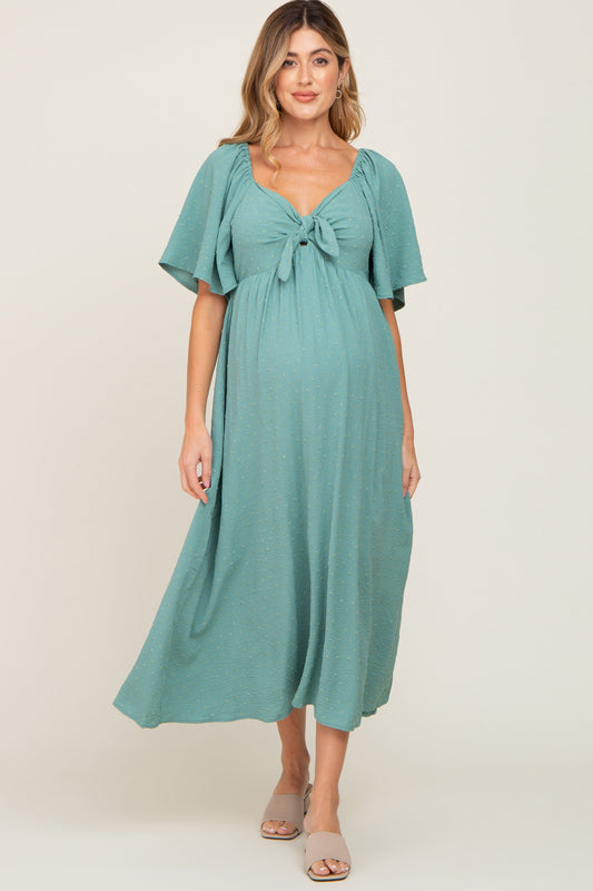 Sage Textured Dot Front Tie Ruffle Sleeve Maternity Midi Dress PinkBlush