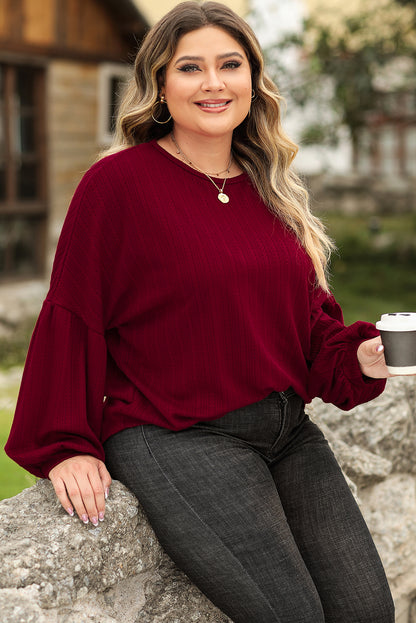 Chic red dahlia plus size textured knit top with playful balloon sleeves