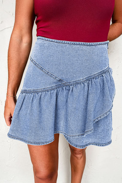 Beau Blue Ruffled Asymmetric Denim Mini Skirt