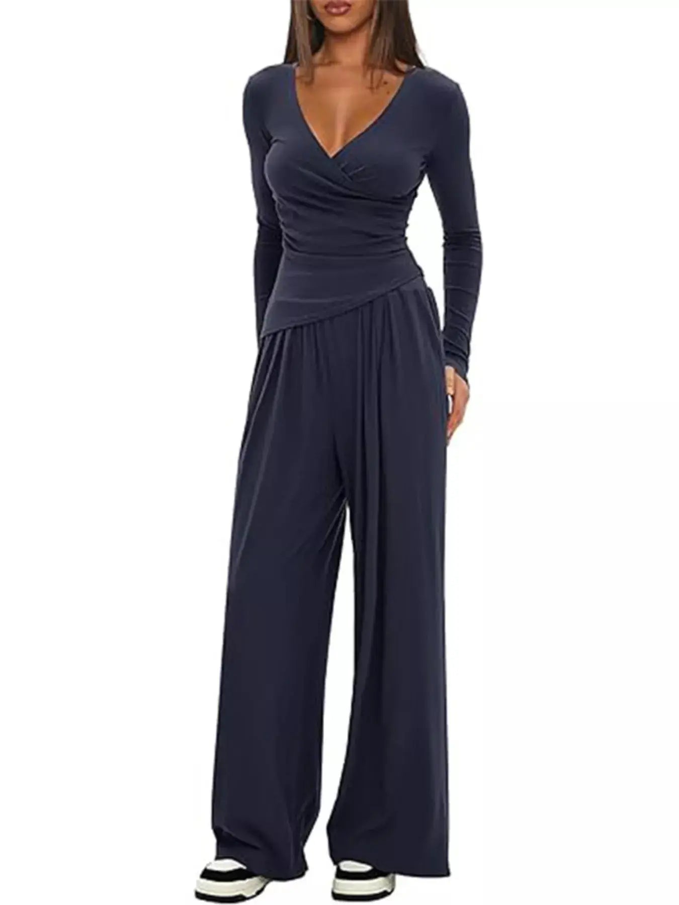 Casual Brown Long Sleeve Wrap Top And Wide Leg Pants Two-Piece Set Simply Love
