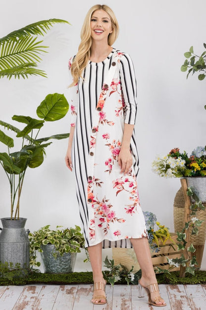 Celeste chic floral and striped midi-dress with pockets