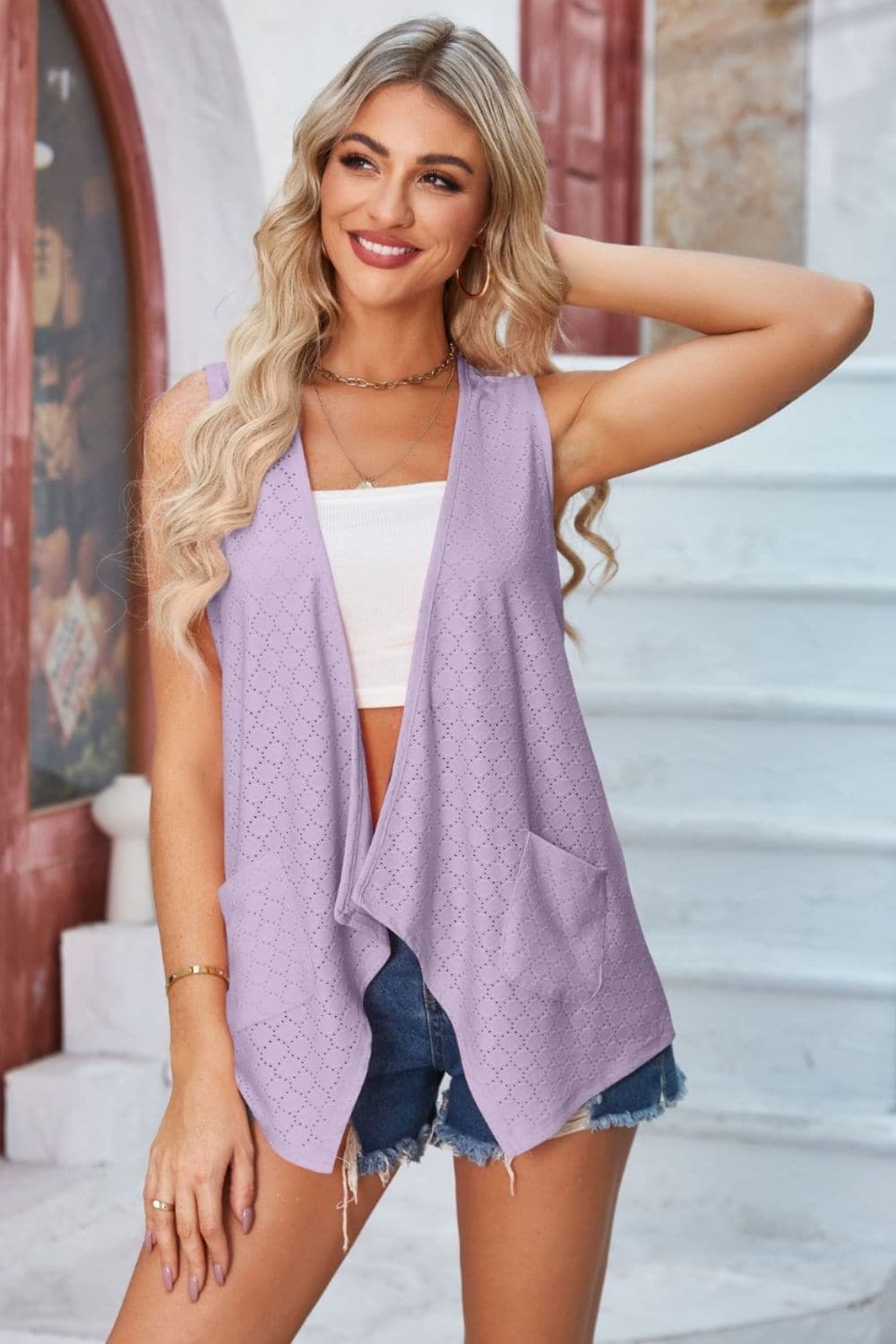 Eyelet Open Front Sleeveless Cardigan.