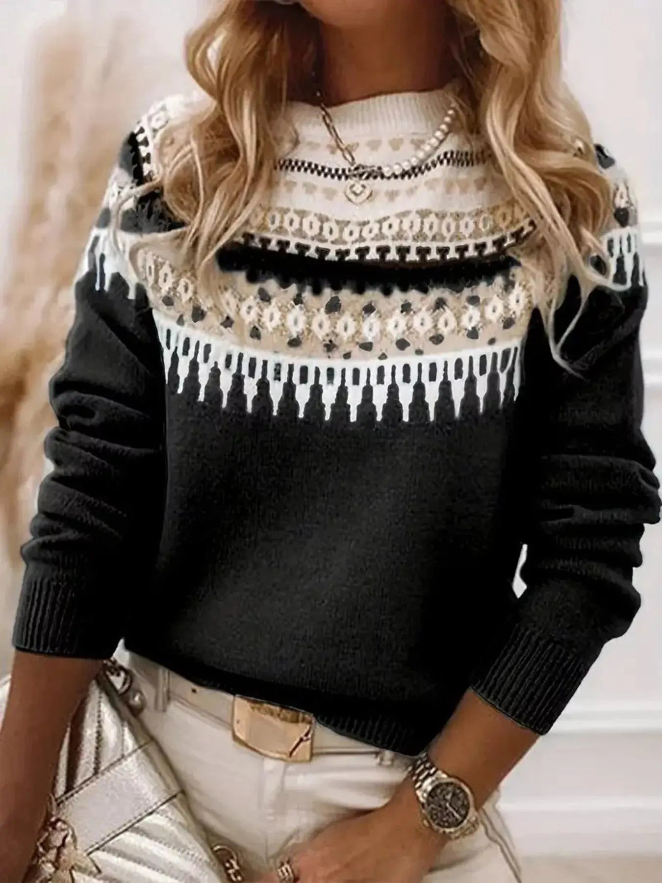 Full Size Vintage Patterned Round Neck Sweater Plus Size Simply Love