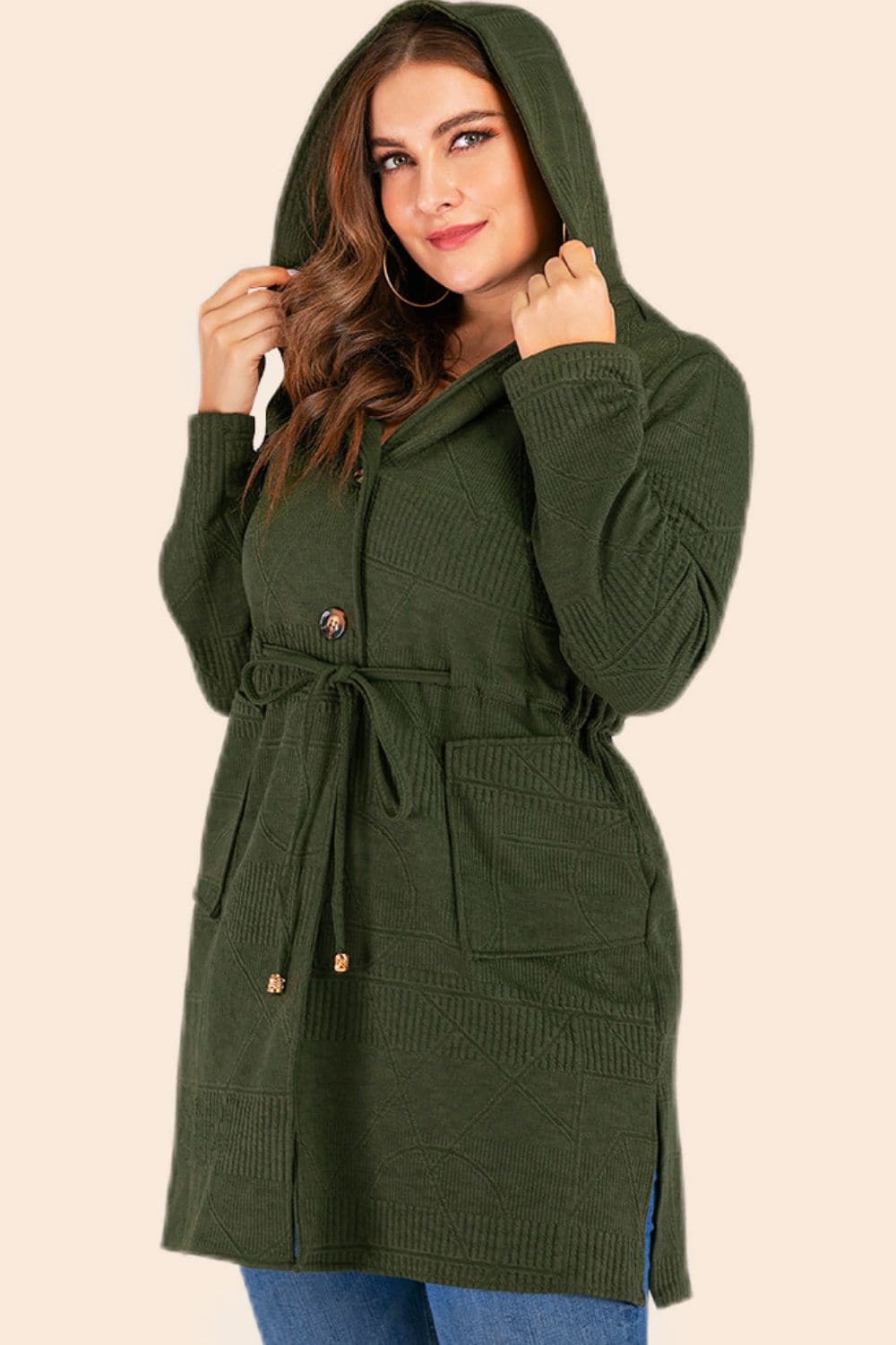 Plus Size Drawstring Waist Hooded Cardigan with Pockets.