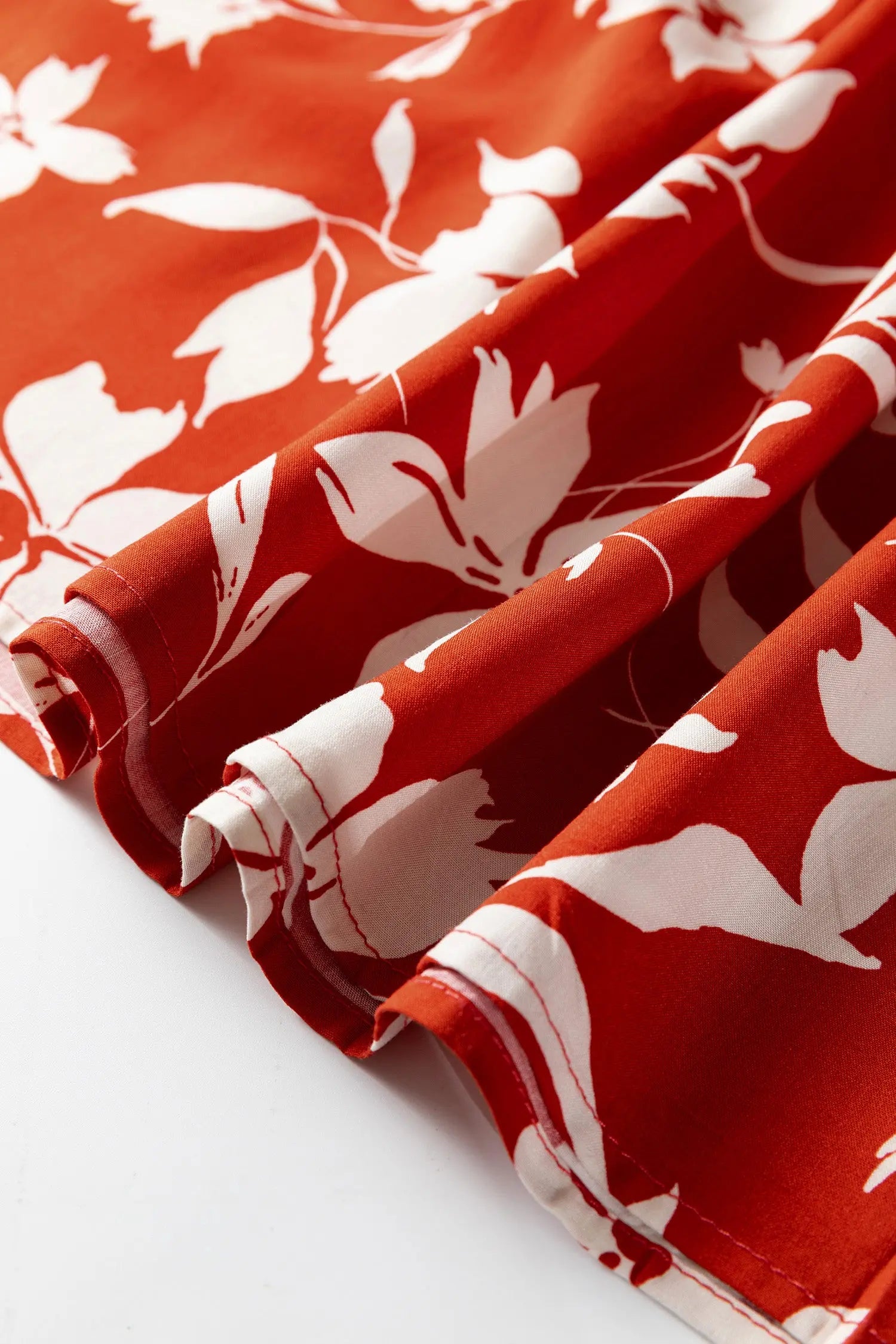 Red Boho Floral Print Lettuce Trim Mini Dress With Three Quarter Sleeves Dear-Lover Dropshipping