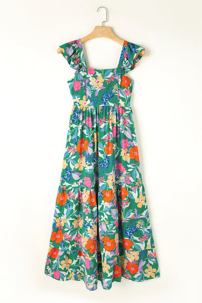 Green Floral Print Sleeveless Ruffle Tiered Maxi Dress Delight