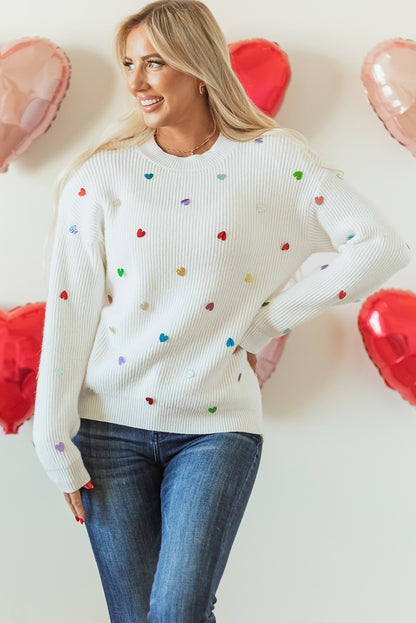 Beige Heart Sequin Waffle Knit Sweater with Round Neck