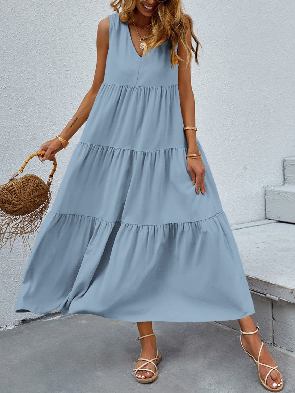 Tiered V-Neck Sleeve Dress.