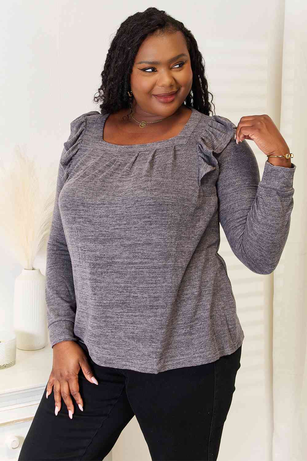 Double Take Square Neck Ruffle Shoulder Long Sleeve T-Shirt - Love Salve