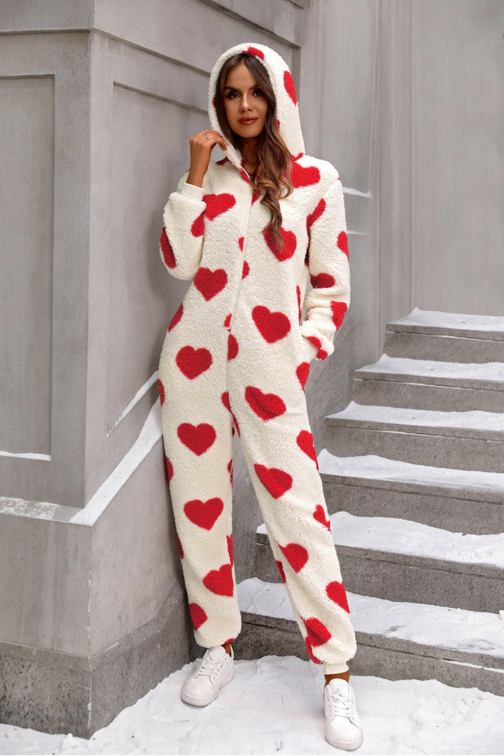 Fuzzy Heart Zip Up Hooded Lounge Jumpsuit.