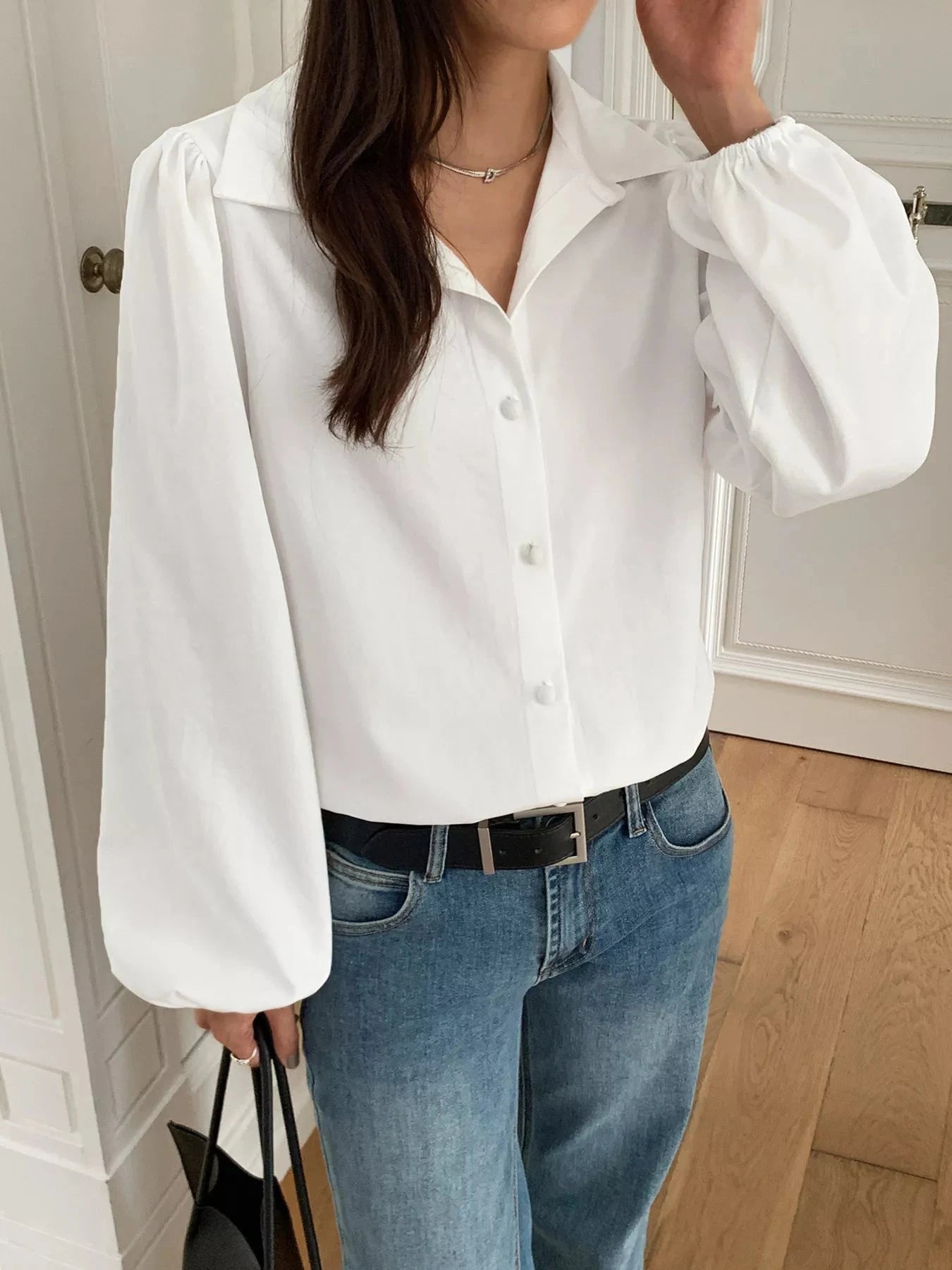 Puff Sleeve Button Down Shirt White 100 Percent Polyester Women Simply Love