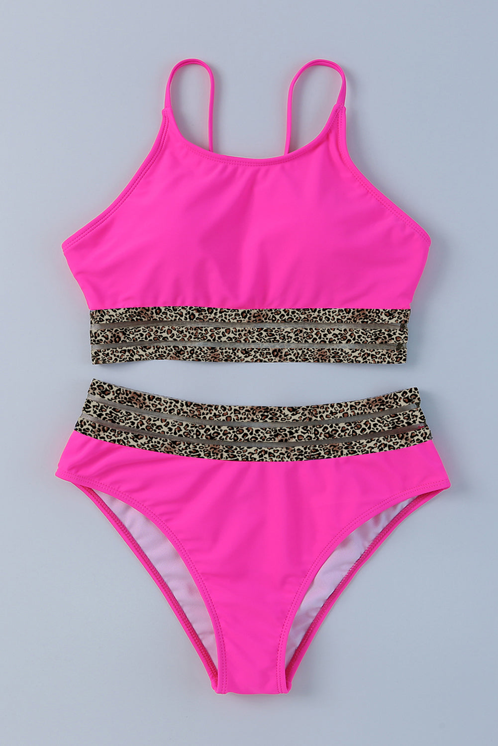 Rose leopard bikini set with mesh trim