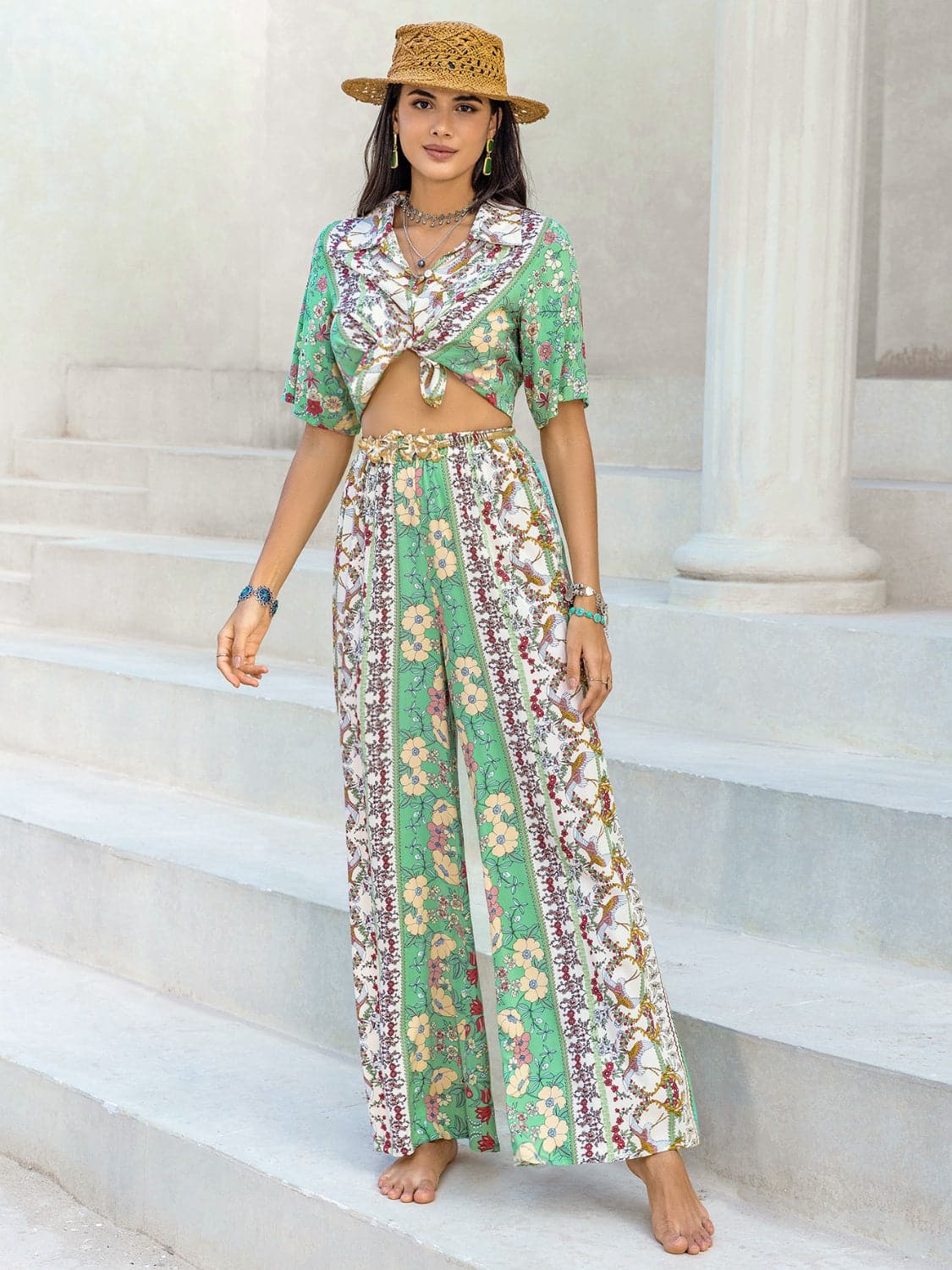 Printed Half Sleeve Top and Wide Leg Pants Set.