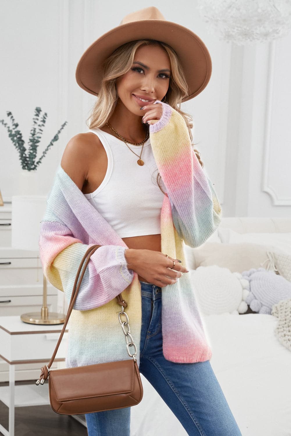 Contrast Balloon Sleeve Dropped Shoulder Cardigan.