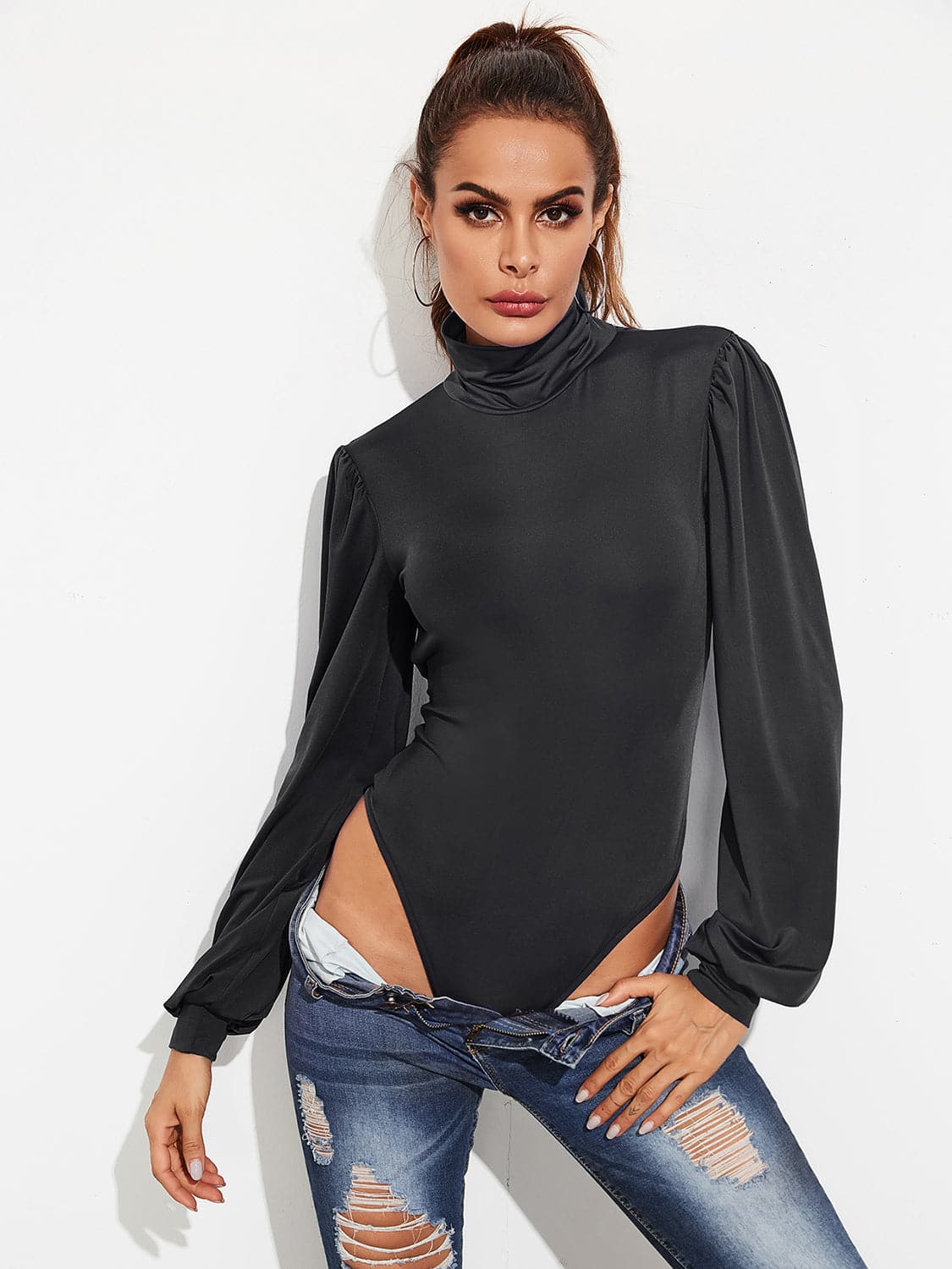 Backless Tie-Waist Turtleneck Lantern Sleeve Bodysuit.