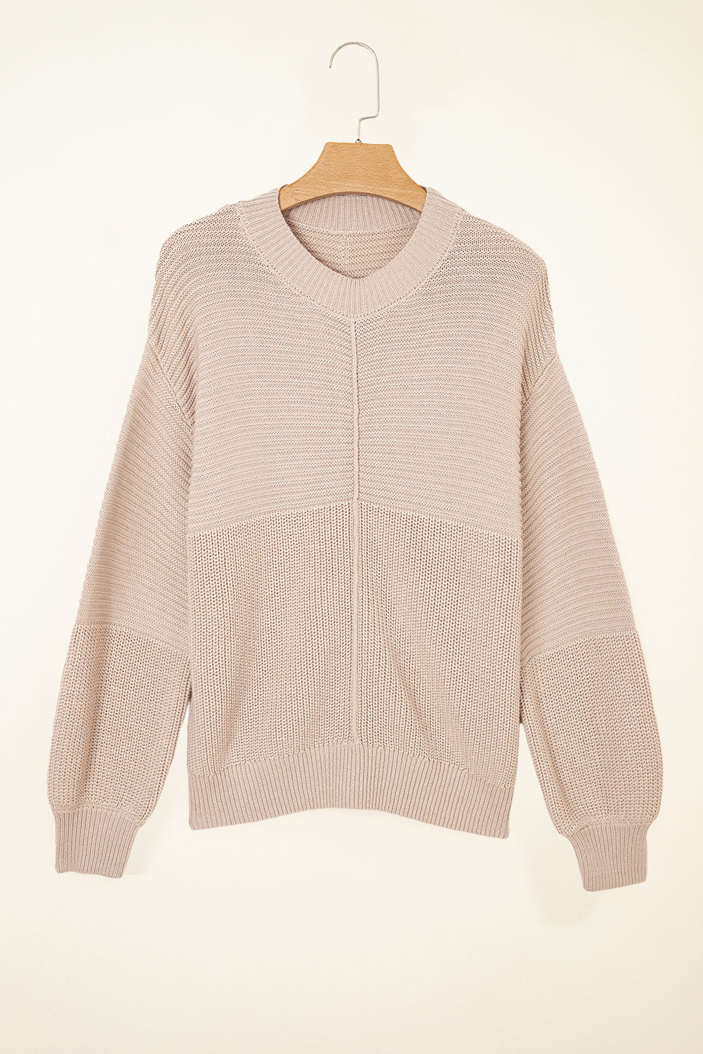 Parchment Mixed Texture Patchwork Knitted Puff Sleeve Sweater