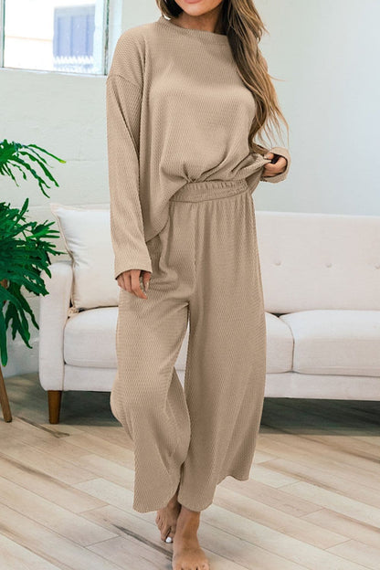 Round Neck Dropped Shoulder Top and Pants Set.