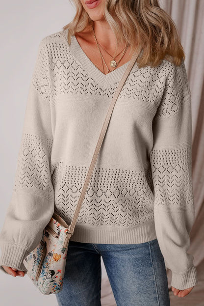 Brown V Neck Drop Shoulder Sweater with Eyelet Pattern Details