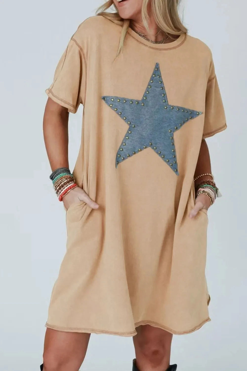 Mineral Wash Stud Beaded Star Pocketed T Shirt Dress Simply Love