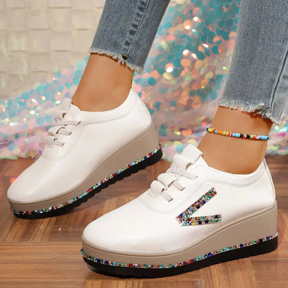 Rhinestone Round Toe Wedge Sneakers Simply Love
