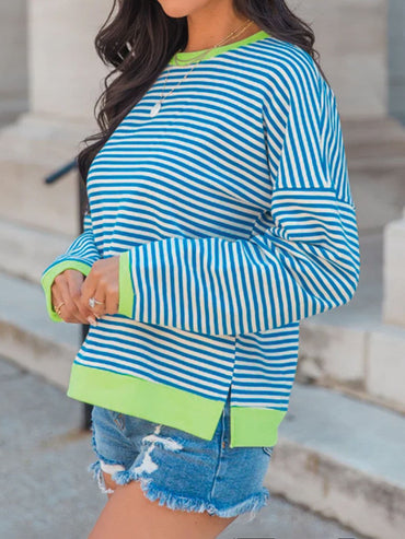 Chic striped long sleeve sweatshirt with sheer accents