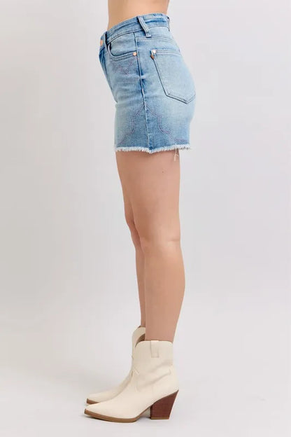Judy Blue High Waist Western Embroidery Detail Cut Off Denim Shorts