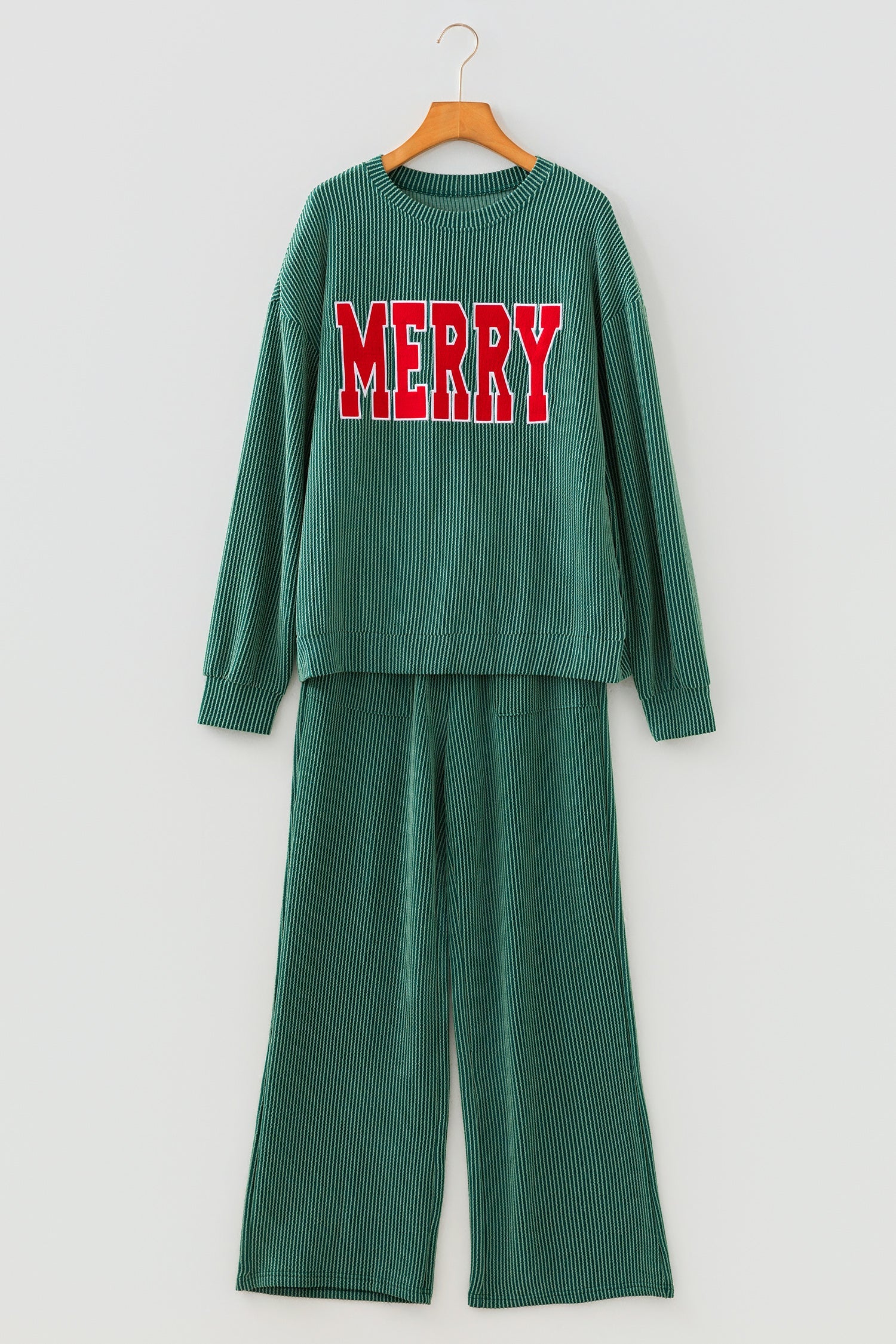 Dark Green Merry Corded Long Sleeve Top and Pockets Pants Set Dear-Lover Dropshipping