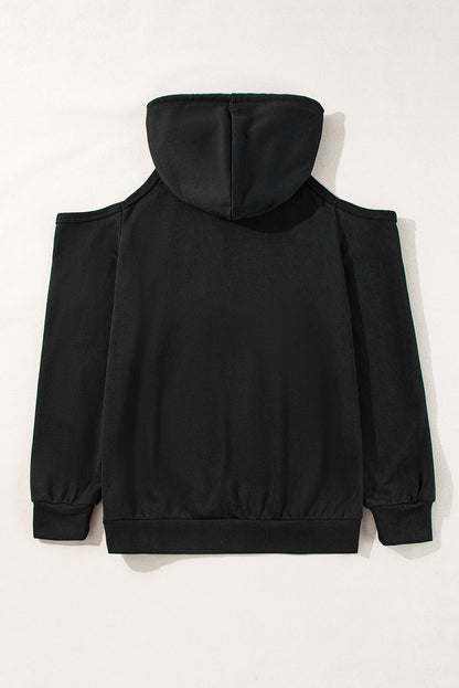 Chic cold shoulder drawstring hoodie with exposed seam details