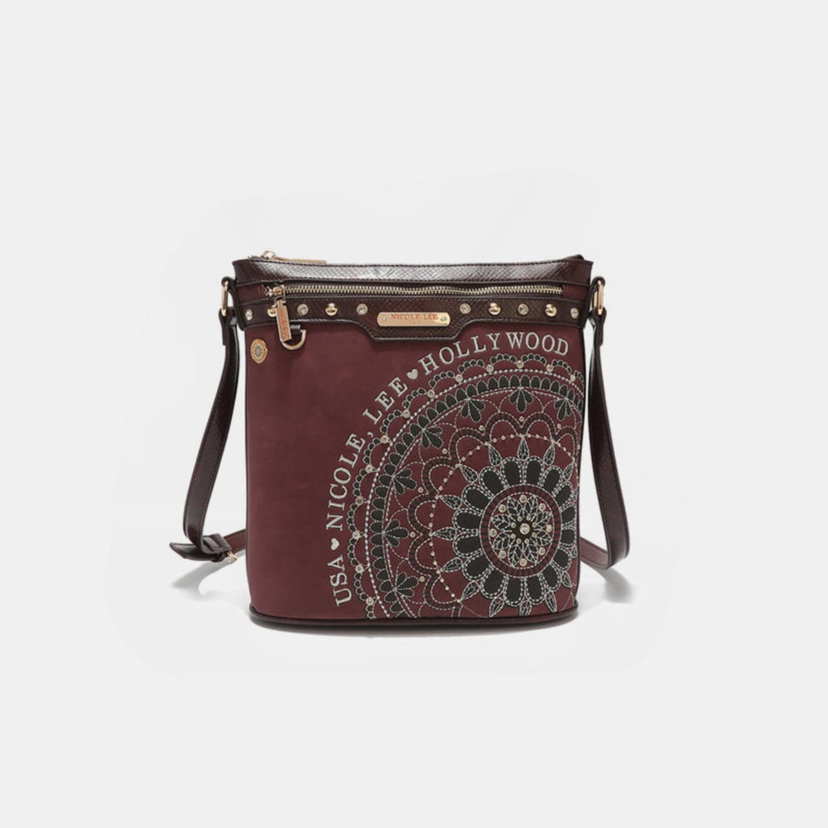 Nicole Lee USA Metallic Stitching Embroidery Inlaid Rhinestone Crossbody Bag.