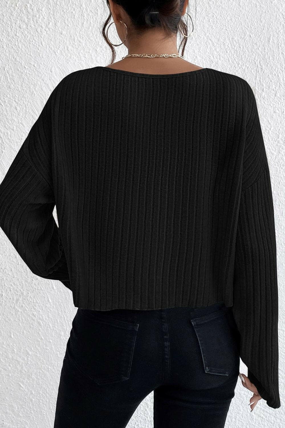 Ribbed Round Neck Drop Shoulder Long Sleeve Top.