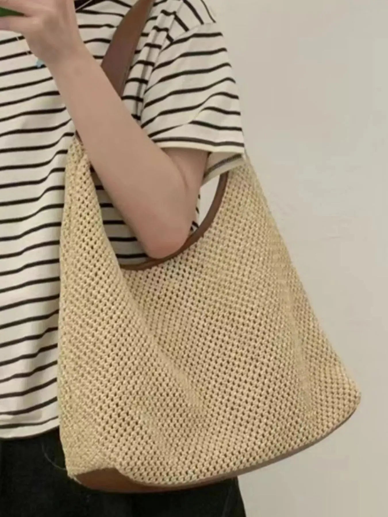 Woven Straw Handbag with Leather Strap Simply Love