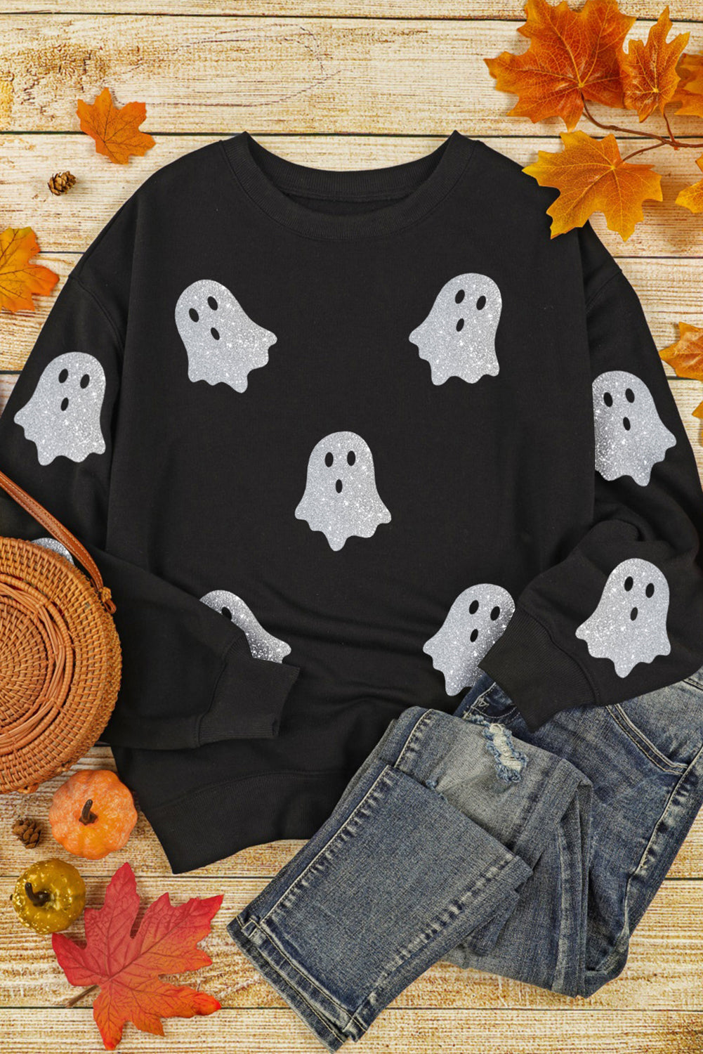 Sparkling Black Ghost Print Halloween Sweatshirt