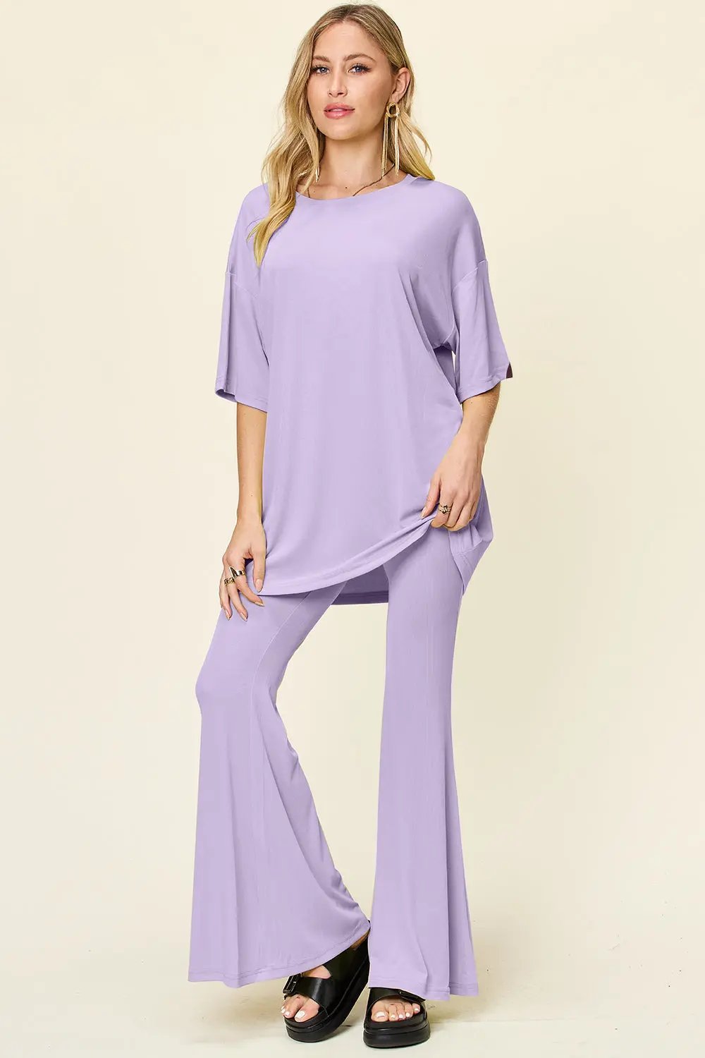 Double Take Full Size Round Neck Drop Shoulder T-Shirt and Flare Pants Set - Love Salve