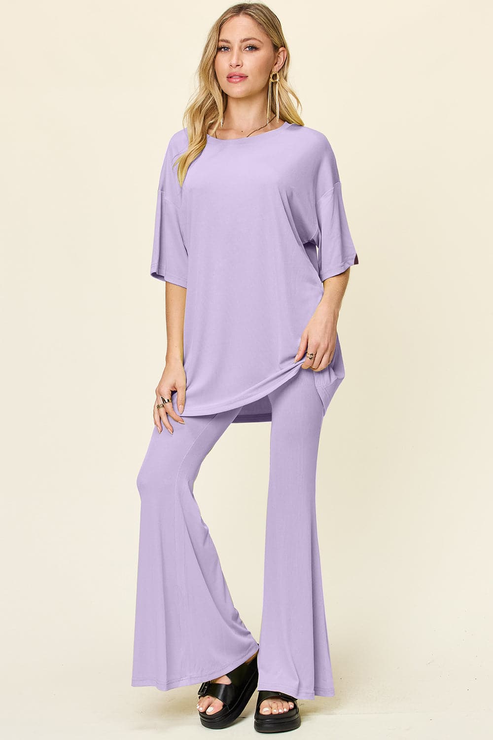 Double Take Full Size Round Neck Drop Shoulder T-Shirt and Flare Pants Set.