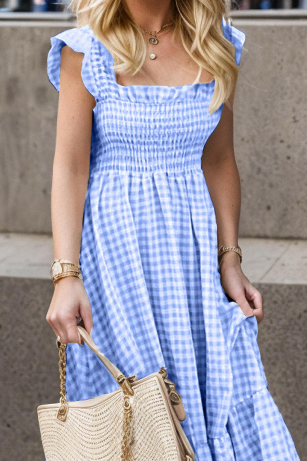 Full Size Smocked Ruffled Plaid Ruffle Hem Dress.